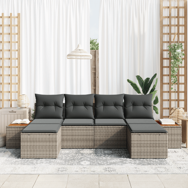 Trädgårdsoffset med kudde 6 pcs Grå Poly Rattan