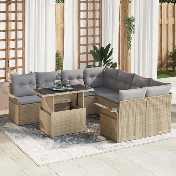Trädgårdsoffset med kudde 9 pcs Beige Poly rattan