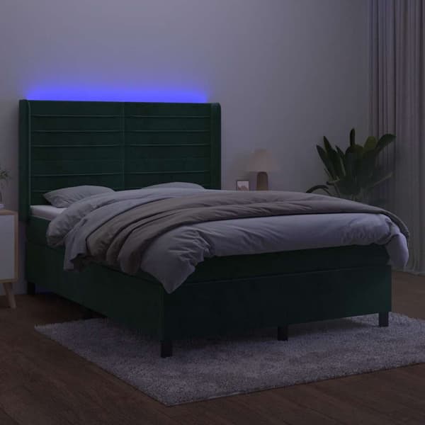 Ramsäng med madrass & LED mörkgrön 140x200 cm sammet