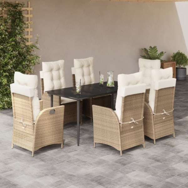 Matgrupp för trädgården med dynor 7 delar beige konstrotting