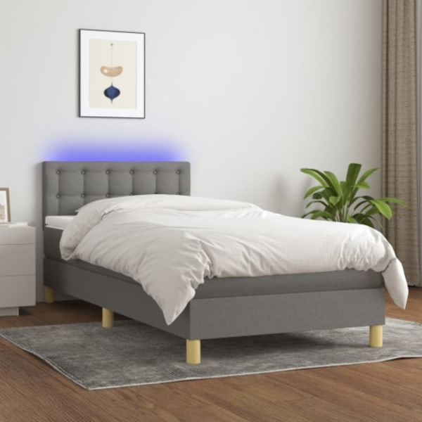 Ramsäng med madrass & LED mörkgrå 100x200 cm tyg