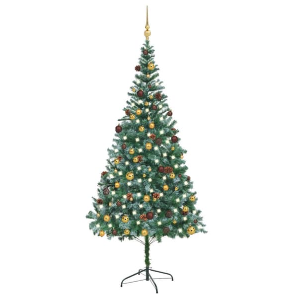 Belyst plastgran med kulor och kottar 210 cm