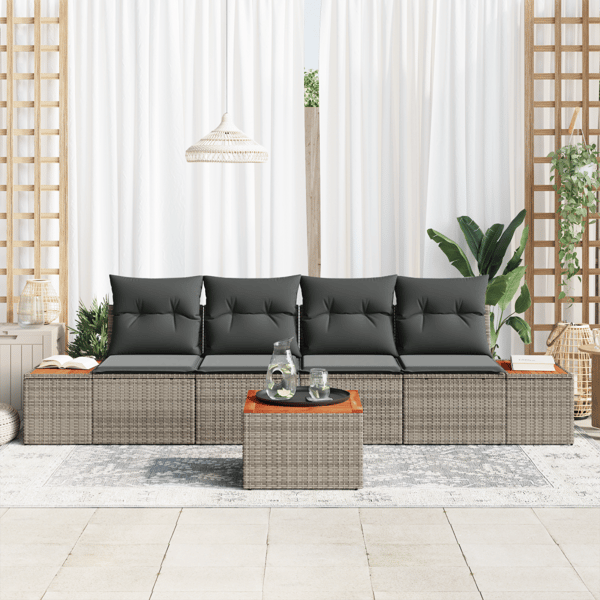Trädgårdsoffset med kudde med lagring 5 pcs Grå Poly rattan