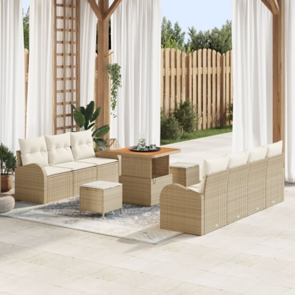 10-delat Trädgårdsoff-set med Kuddar i Beige Poly Rattan