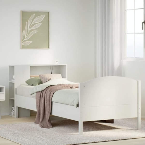 Säng med bokhylla utan madrass vit 90x190cm massiv furu