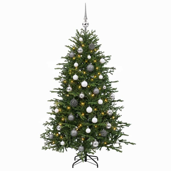 Konstgjord julgran med julkulor 150 cm 150 LED-lampor Varmvit