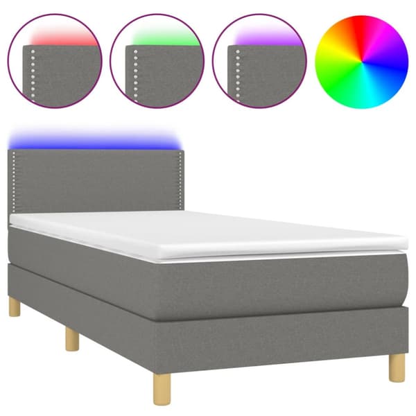 Ramsäng med madrass & LED mörkgrå 100x200 cm tyg