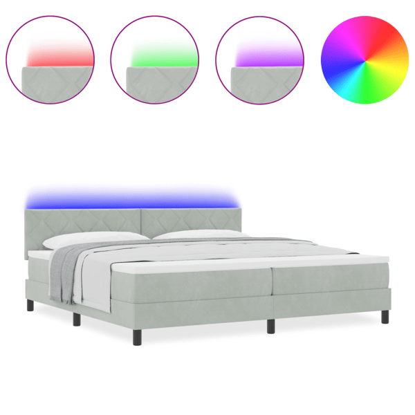 LED Box Säng med LED-ljusslingor Ljusgrå 200 x 200 cm Sammet