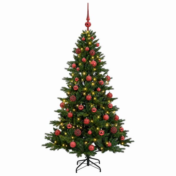 Konstgjord julgran med julkulor 150 cm 150 LED-lampor Varmvit
