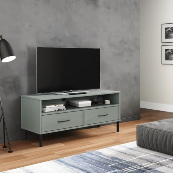 Tv-bänk med metallben OSLO grå massiv furu