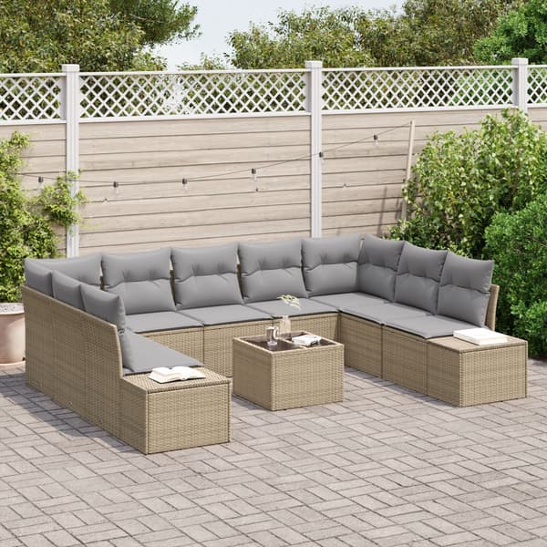 Trädgårdsoffset med kudde 9 pcs Beige och Ljusgrå Polyrattan