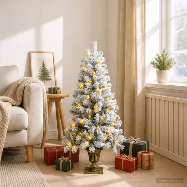 Flockad mini-julgran 120 cm 100 LED-lampor Varmvit PVC