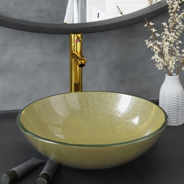Handfat med kran och tryckavlopp guld härdat glas