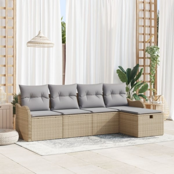 5-delat trädgårdsoffasett med kuddar beige poly rotting