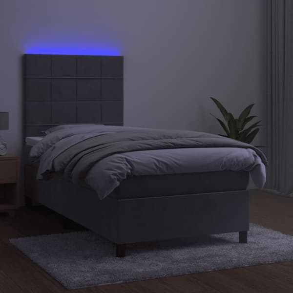 Ramsäng med madrass & LED ljusgrå 90x190 cm sammet