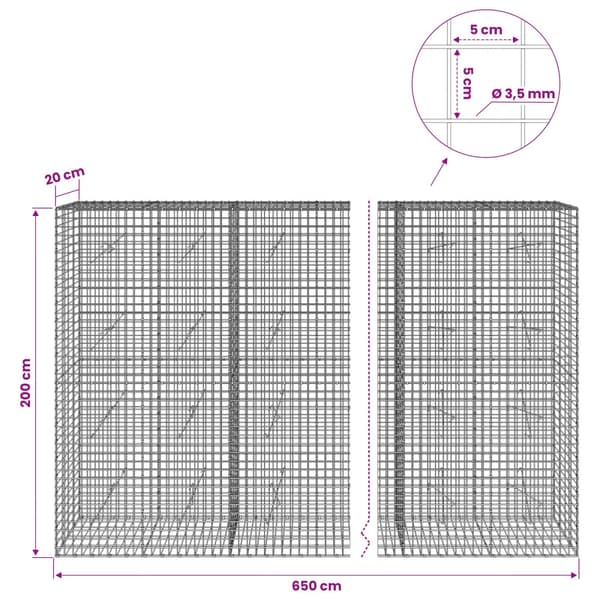 Gabion med 3,5 mm tråd och 5x5 cm nät 650x20x200 cm