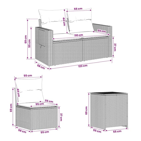 Soffset 7 pcs Grå och Marinblå Poly Rattan och stål