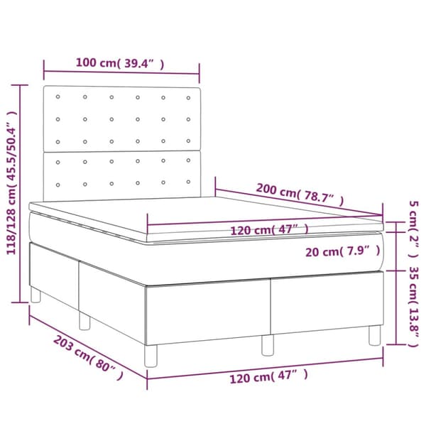 Ramsäng med madrass & LED mörkgrå 120x200 cm sammet
