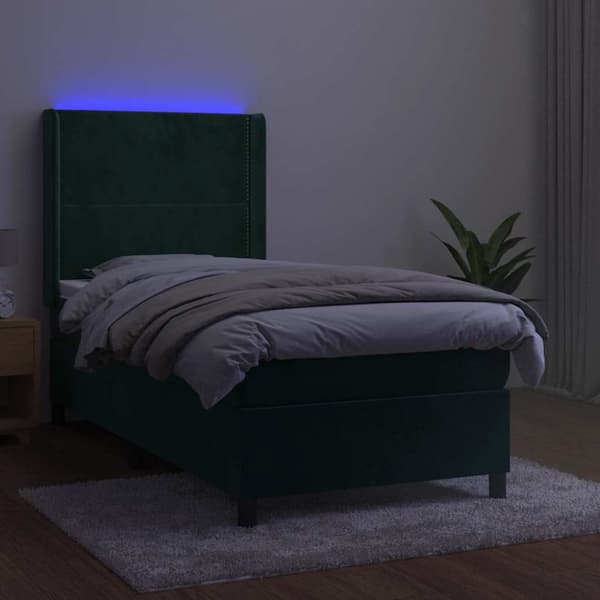 Ramsäng med madrass & LED mörkgrön 100x200 cm sammet