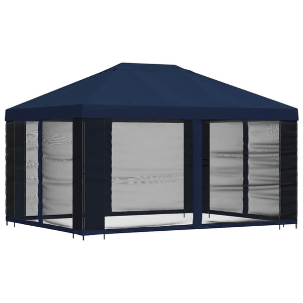 Trädgårdsgazebo med sidoväggar 4 × 3 m Blå Polyester och Stål