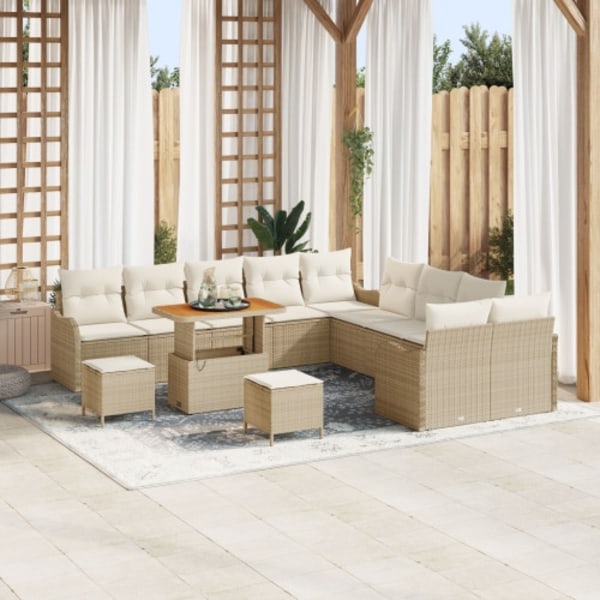 13 Delar Trädgårdsoffa Set med Kuddar Beige Poly Rattan Akacia
