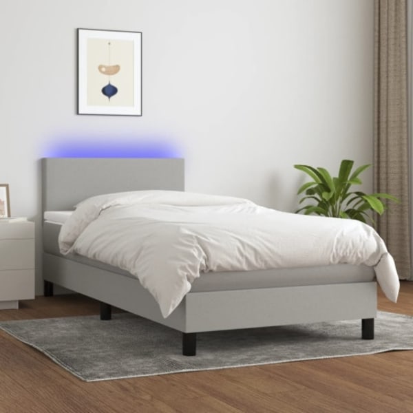 Ramsäng med madrass & LED ljusgrå 90x190 cm tyg