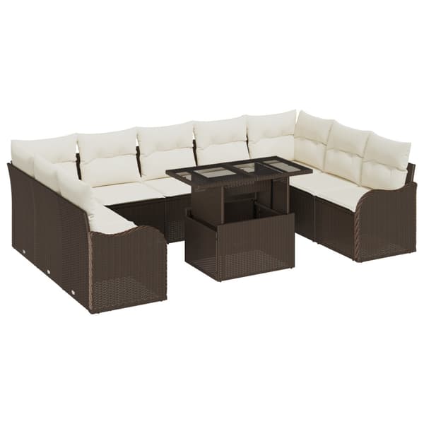 Trädgårdsoffset med kudde 10 pcs Brun Poly rattan