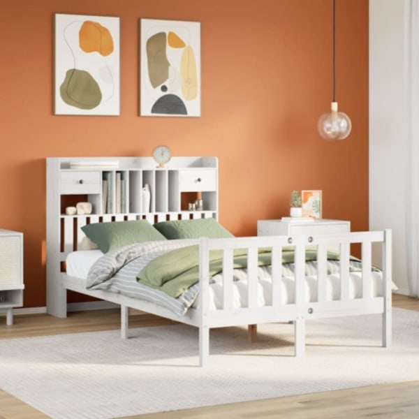 Säng med bokhylla utan madrass vit 135x190cm massiv furu