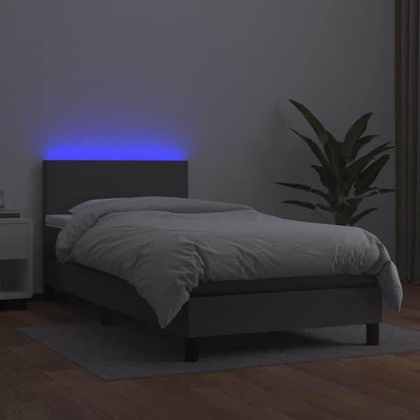 Ramsäng med madrass & LED grå 100x200 cm konstläder