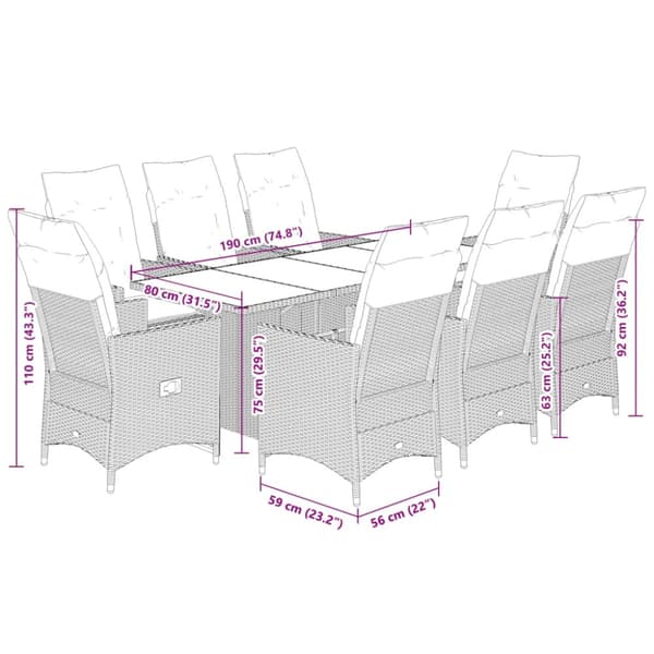 Matgrupp för trädgården med dynor 9 delar beige konstrotting