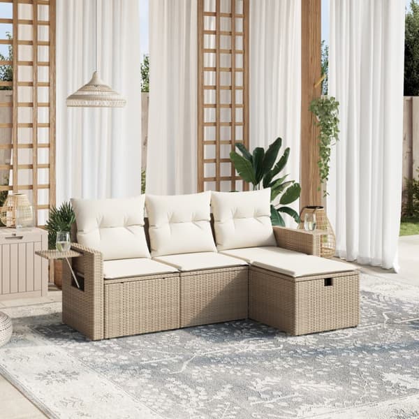 Soffgrupp för trädgård med dynor 4 delar beige konstrotting