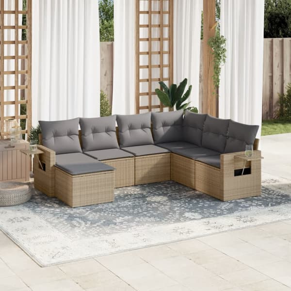 Matgrupp för trädgården med dynor 7 delar beige konstrotting