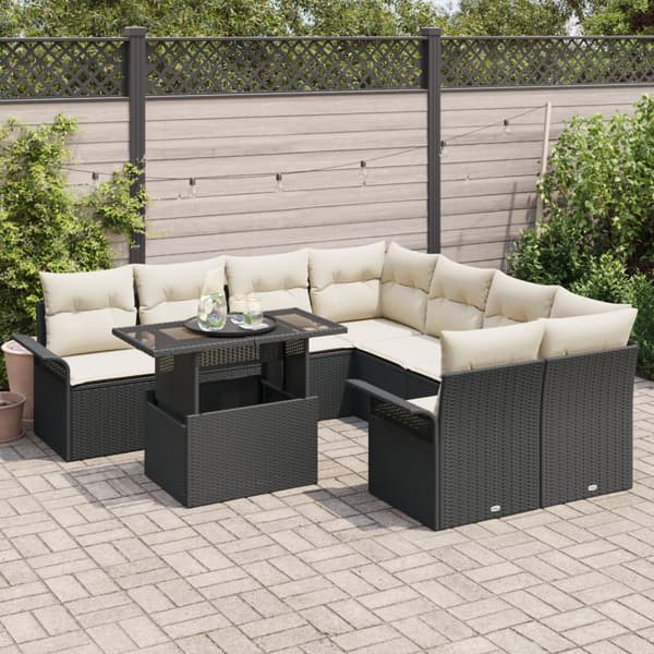Trädgårdsoffset med kudde 9 pcs Svart Poly rattan