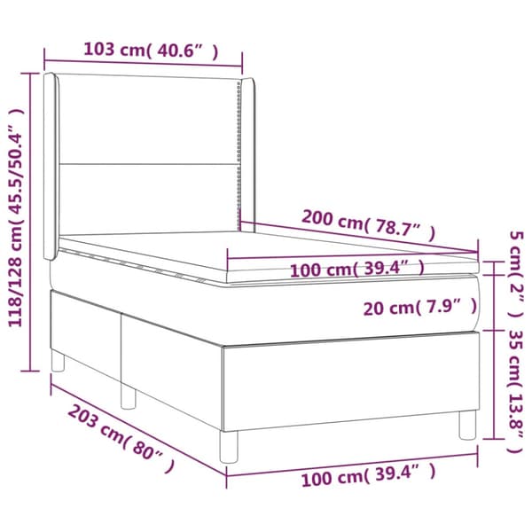 Ramsäng med madrass & LED mörkgrå 100x200 cm tyg