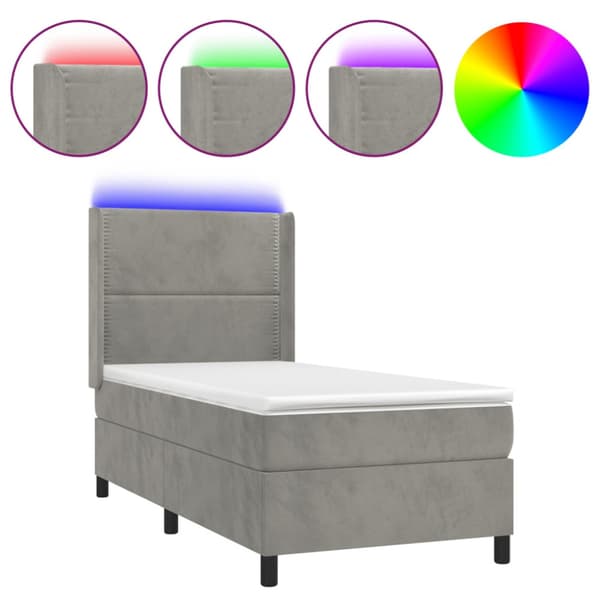 Ramsäng med madrass & LED ljusgrå 100x200 cm sammet