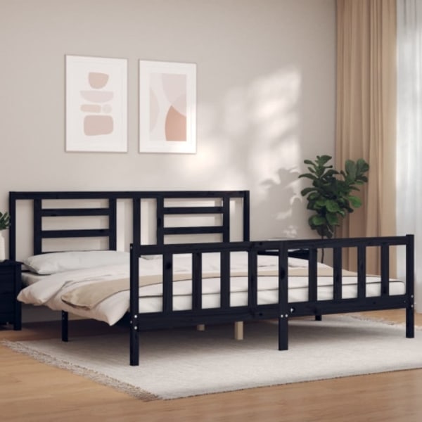 Sängram med huvudgavel svart 200x200 cm massivt trä