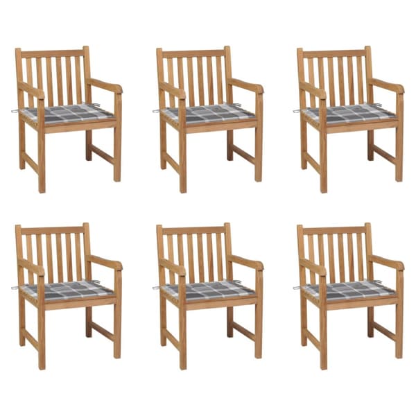 Trädgårdsstolar med grårutiga dynor 6 st massiv teak