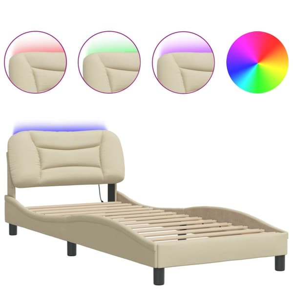 Bed Frame with LED without Mattress "Hvar" Cream 90x190 cm Fabric