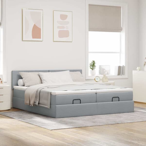 Ottoman sängram med madrasser ljusgrå 160x200 cm tyg