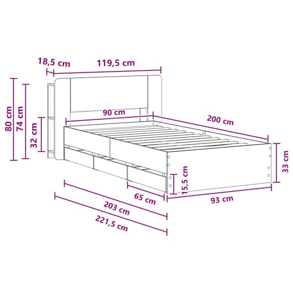 Sängram med förvaring Grå Sonoma 90 x 200 cm Konstruerat trä