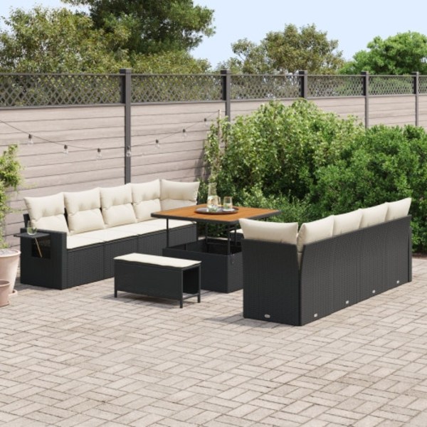 11-delad Trädgårdssoffa Set med Kuddar Svart Poly Rattan Acacia