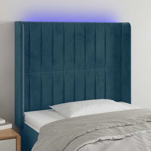 Sänggavel LED mörkblå 93x16x118/128 cm sammet