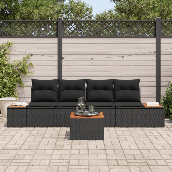 Trädgårdsoffset med kudde med lagring 5 pcs Svart Poly rattan