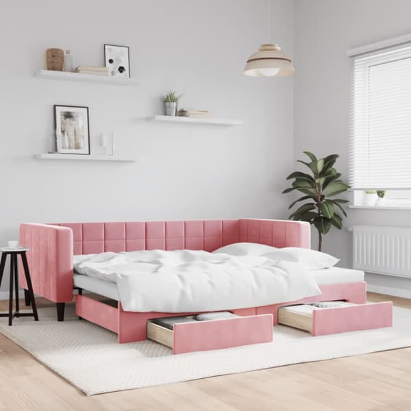 Dagbädd utdragbar med lådor rosa 90x200 cm sammet