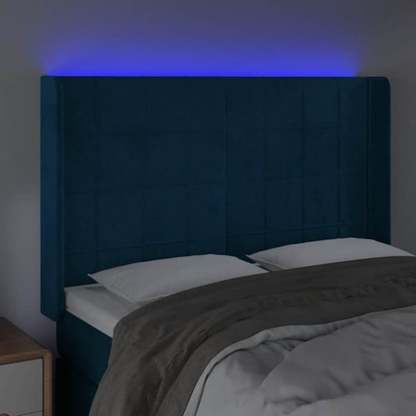 Sänggavel LED blå 147x16x118/128 cm sammet