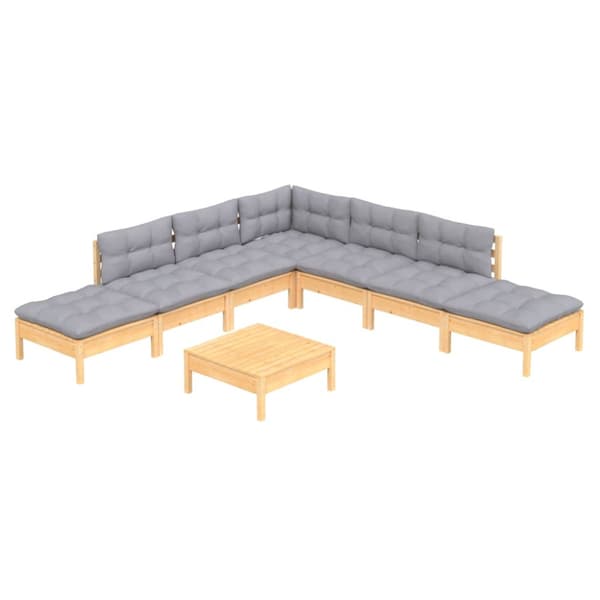 Loungegrupp med grå dynor 8 delar massiv furu