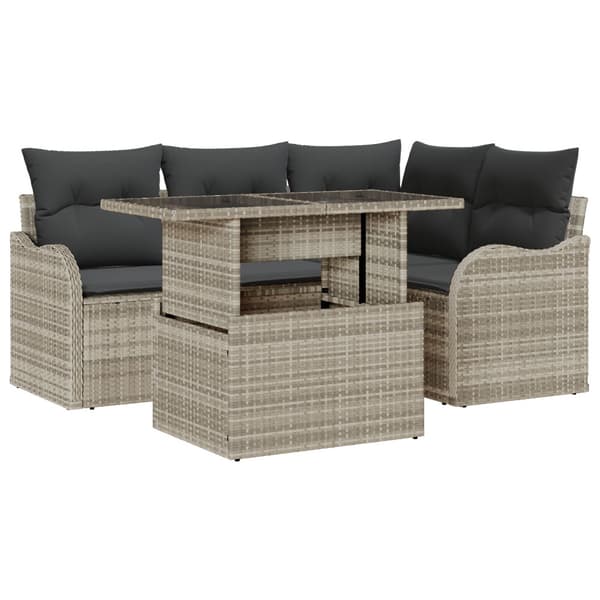 Utomhusmatbord med kudde 5 pcs Ljusgrå Poly rattan
