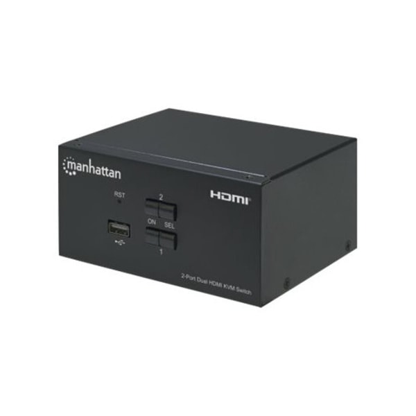Manhattan HDMI KVM Switch 2-Port, 4K@30Hz, USB-A/3.5mm Audio/Mic Connections, Cables included, Audio Support, Control 2x computers from one pc/mouse/s Svart