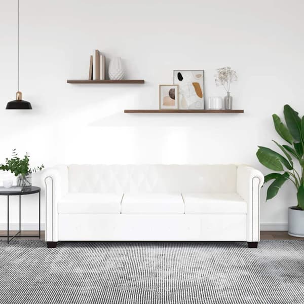 Chesterfield 3-sits konstläder vit