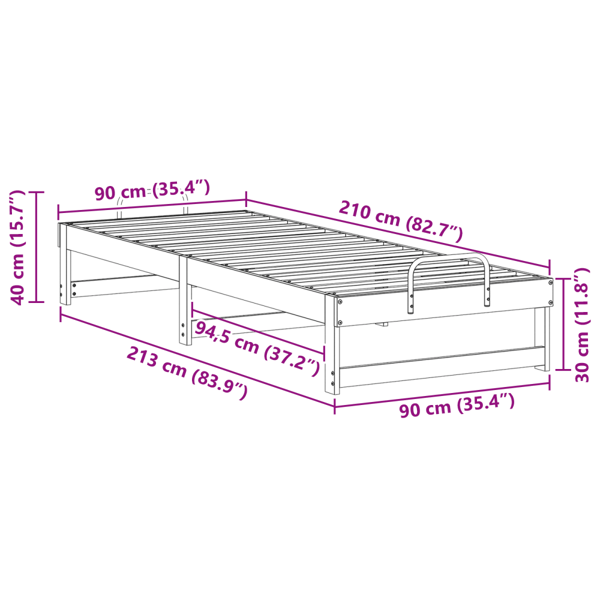 Sängram Vit 90 x 210 cm Massiv furu